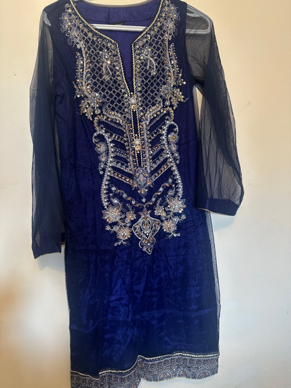 Beaded Navy Blue Long Sleeve Evening Dress